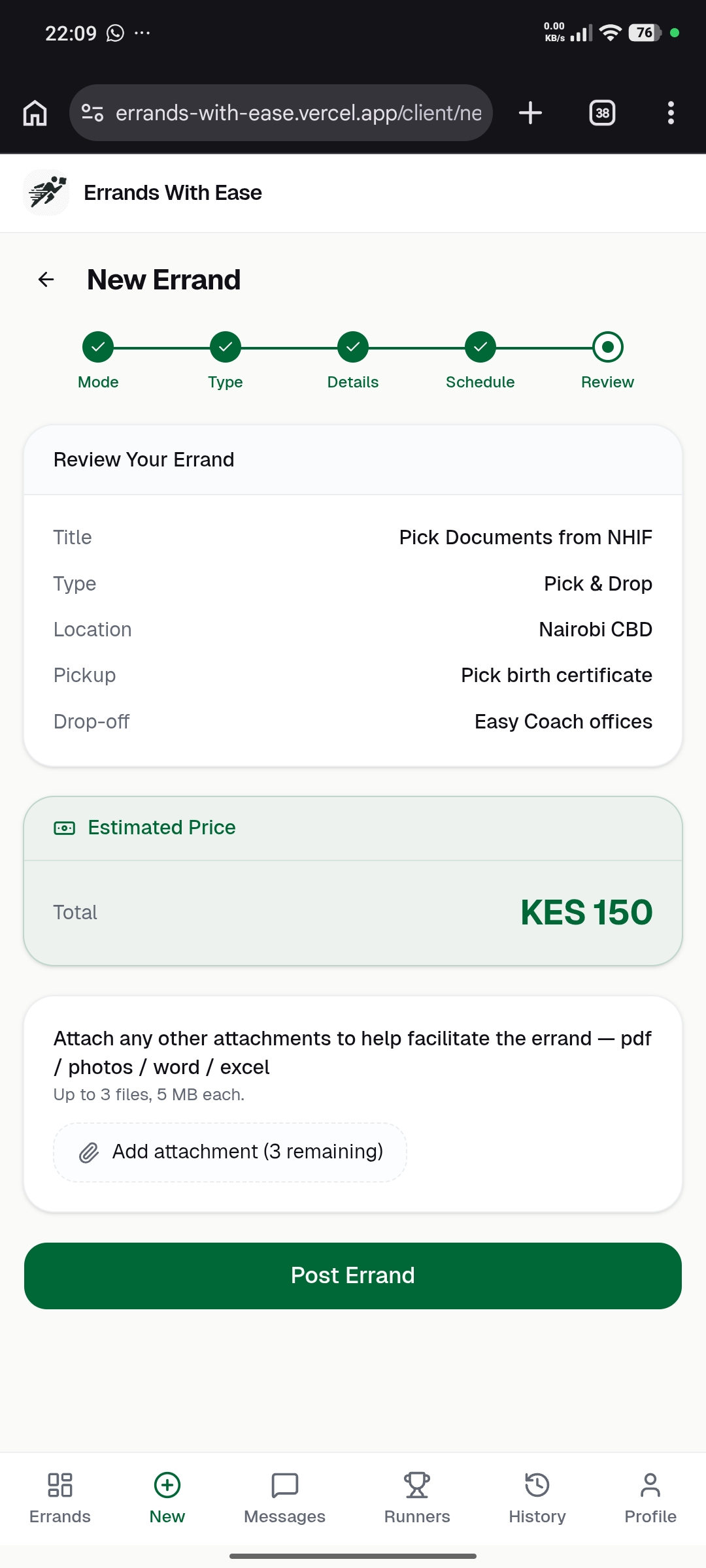 Errand review and post screen